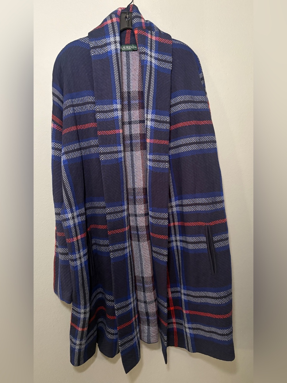 Lauren Ralph Lauren Navy Plaid Open Cardigan with Blue and Red Stripes